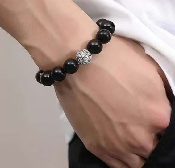 Natural obsidian bracelet, sterling silver vintage Pixiu design, men's birthday gift for boyfriend.