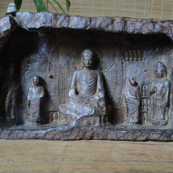 Chinese synthetic stone ancient style crafts Longmen Grottoes Buddhist niche Zen ornaments size 27×16×6 weighing about 5 pounds